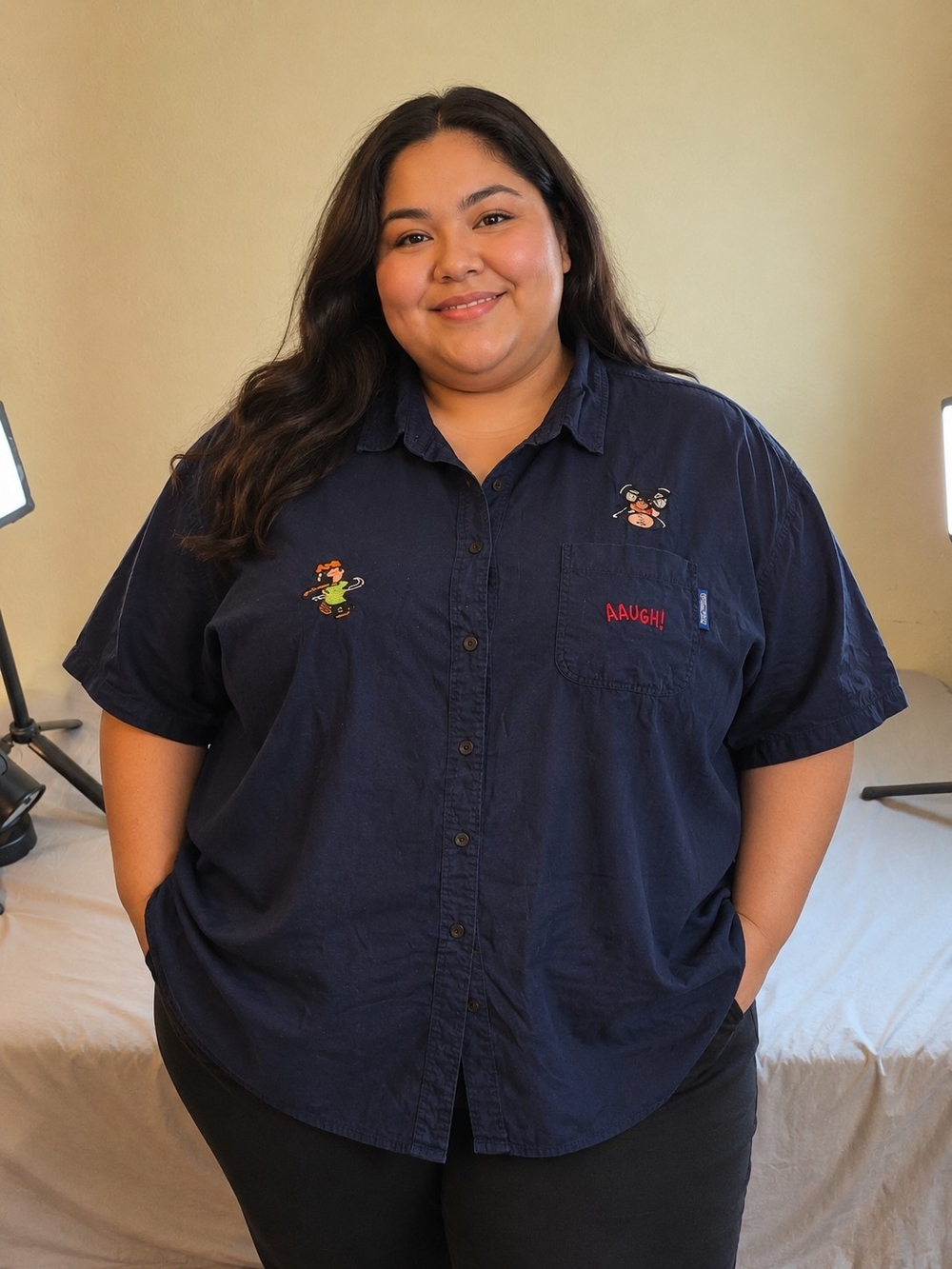 Navy Charlir Brown Cartoon Embroidered Button-Up Shirt 3XL